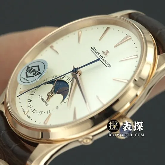 APS factory master Jaeger-LeCoultre1:1replica watch eggshell yellow plate rose goldmoon phaseleather strap model 1362511side live photo