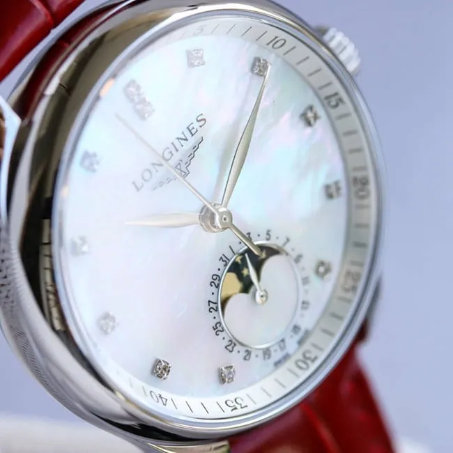 Longinestop-tier watch ladies white dial red strap famous craftsman series fully automatic movementleather strapclasp picture