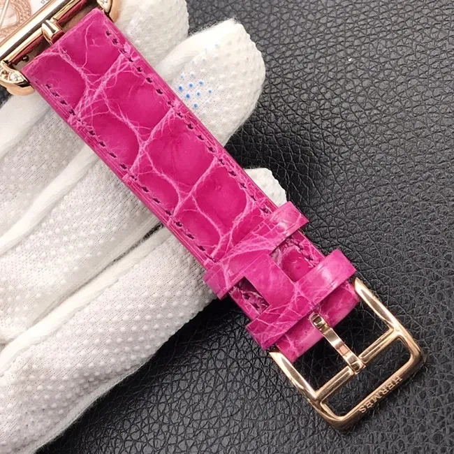YF factory top-tier watch Hermès women's white dial pink belt quartzleather strap watch front view