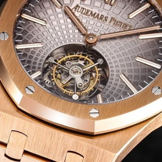 top-tiersuper cloneR8 factory recently released the new 2022 Audemars Piguetrose gold gray plate Royal Oak self-winding tourbillon watch clasp picture