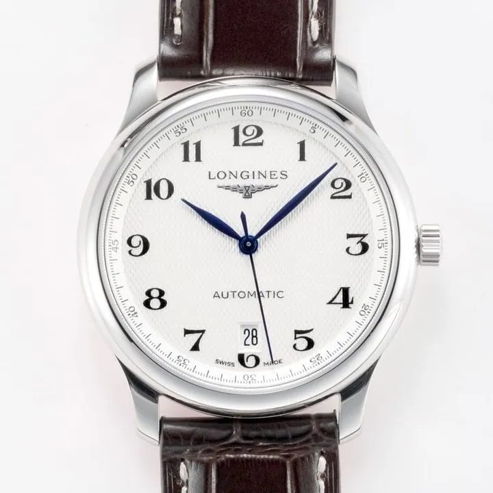 top-tier replicaLongines men's white dial brown belt new famous series leather strap mechanical watch front view