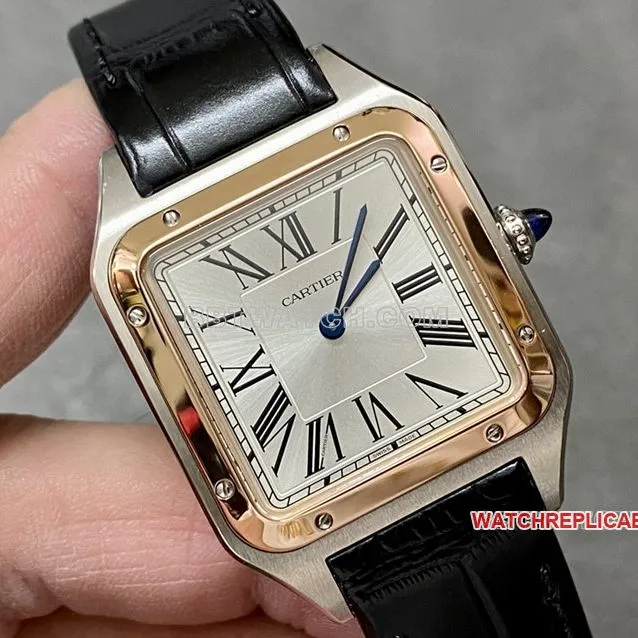 F1 Factory Cartier Santos Top Silver Dial Rose Gold Bezel Medium Model W2SA0011 Front Real Shot Photo