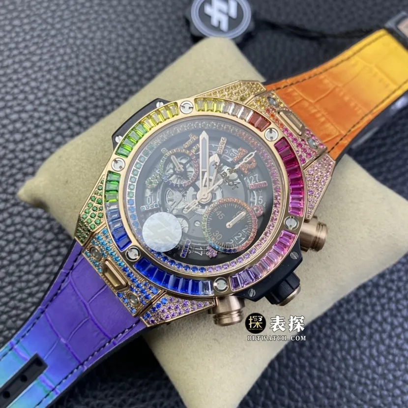 ZF BIG BANGHublot1:1replica watch hollow panda disc rainbow diamond leather strap model 411.OX.9910.LR.0999movement picture