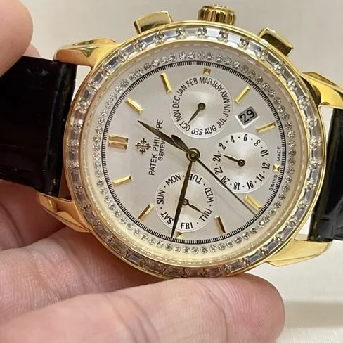 top-tier watch Patek Philippe women's white dial black belt complex chronograph function series leather strap watch side view
