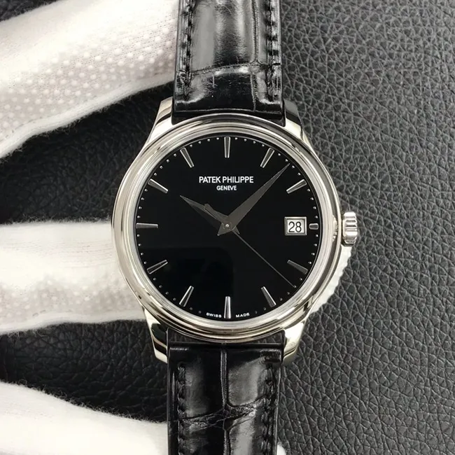 3k factory top-tier watch Patek Philippe men's black dial black belt automatic movementleather strap watch side view