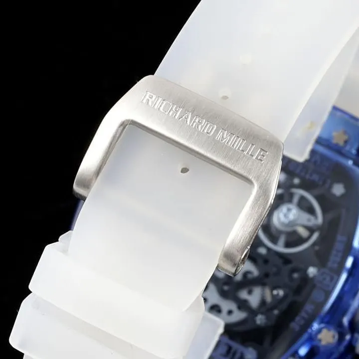 Richard Mille men's top-tier 1:1super watch blue transparent hollow plate rubber model RM35-01front live photo