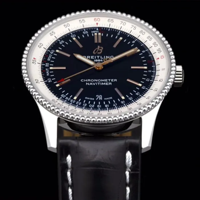 top-tier watch Breitling men's black dial aviation chronograph1 series leather strap watch clasp picture