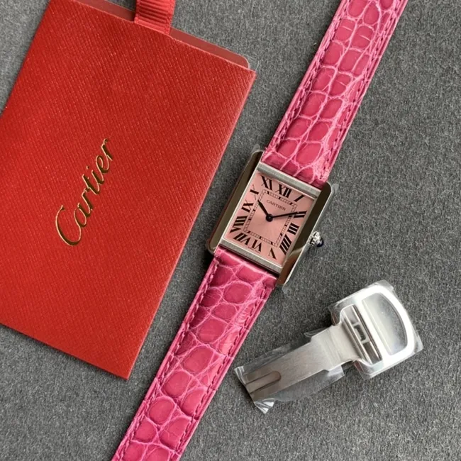 K11 factory top-tier watch Cartier women's tank series pink plate pink belt watch front view