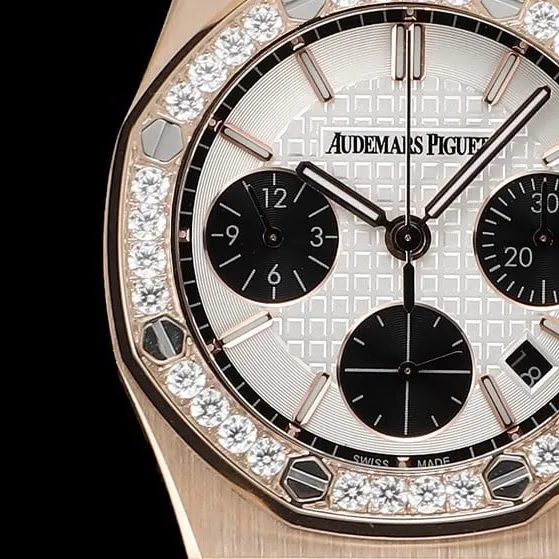 Top Audemars Piguet Royal Oak Rose Gold Case Women's Multifunction Chronograph Mechanical Watch Front View