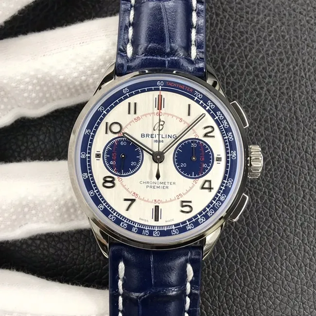GF Factorytop-tier watch new work Bailing Puya B01chronograph watch 42mm men's white dial blue belt mechanical leather strap watch side view