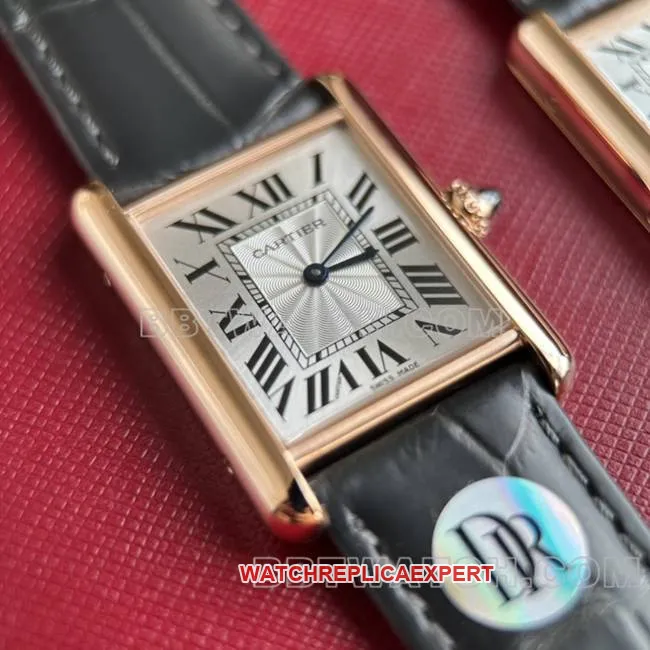collectible watch DR factory tank Cartier silver gray plate rose gold case quartz black braceletcaseback live photo