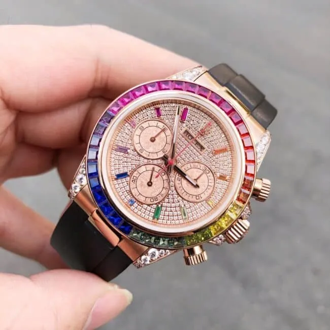 top-tier watch Rolex new Daytona Rainbow Di rubber full diamond 18K gold mechanical men's watch clasp picture