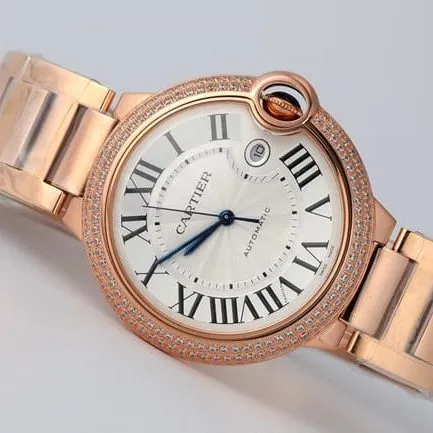 V6 Factory Cartier Top Watch Men's White Dial Gold Band Blue Balloon Series Automatic Mechanical Watch Case Back Photo