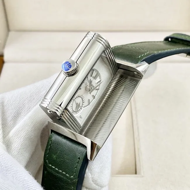top-tier watch Jaeger-LeCoultre men's green dial green strap flip series manual winding leather strap watch clasp picture