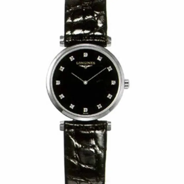 top-tier watch Longines couple watch black dial black belt Jialan series leather strap watch front view