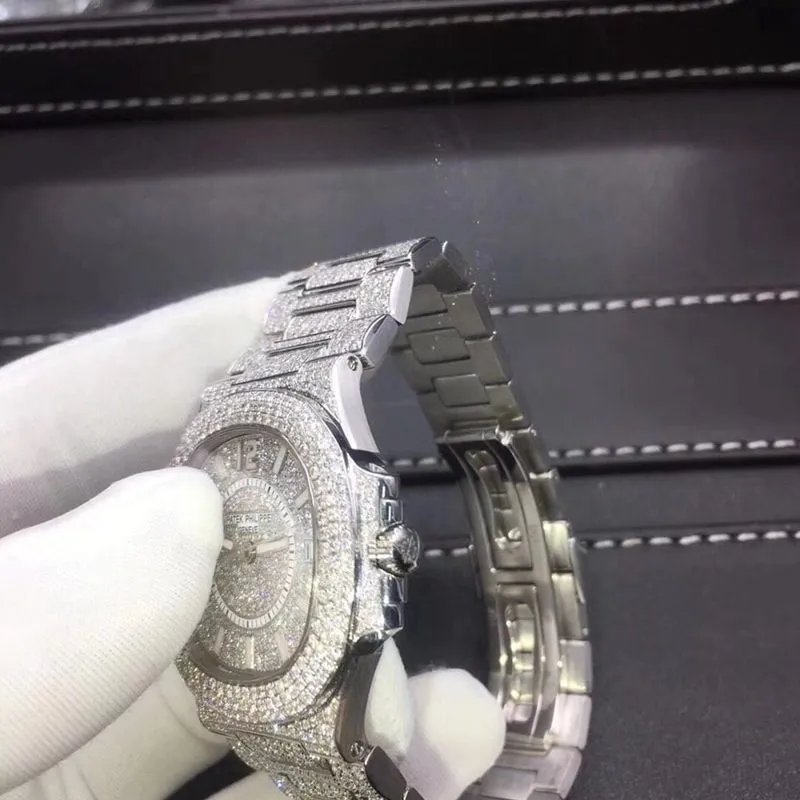 Patek Women's Nautilus 18K Gold Full Diamonds 37mm Front View