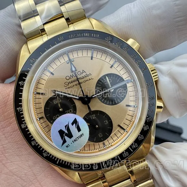 collectible watch Speedmaster N1 factory Omega gold plate yellow goldsteel bracelet model side live photo