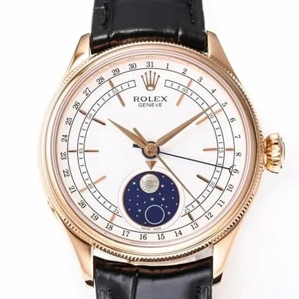 TWF factory top-tier watch Rolex men's white dial black belt Cellini series 50535 moon phaseleather strap watch clasp picture