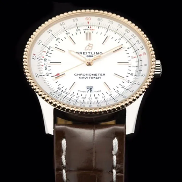 top-tier watch Breitling men's white dial aviation chronograph1 series leather strap watch back cover picture