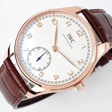 ZF FactoryIWC top-tier watch men's white dial brown belt new Portugal series automatic movementleather strap watch front view