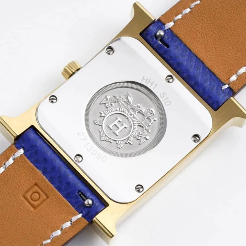 Hermès ladies' watchtop-tiersuper cloneHeureH series quartz square fashion watch blue braceletrose gold plate side view