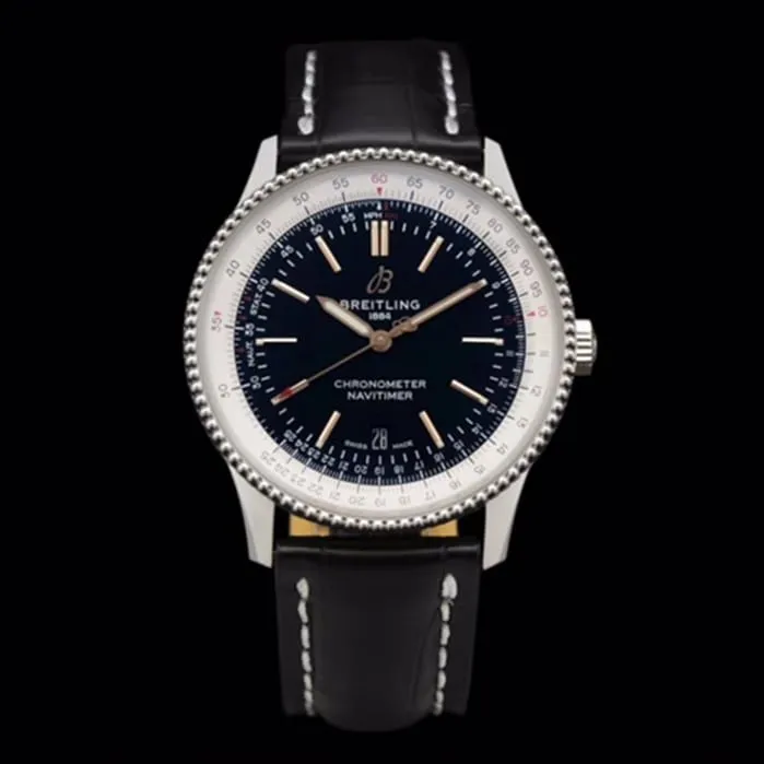 top-tier watch Breitling men's black dial aviation chronograph1 series leather strap watch back cover picture