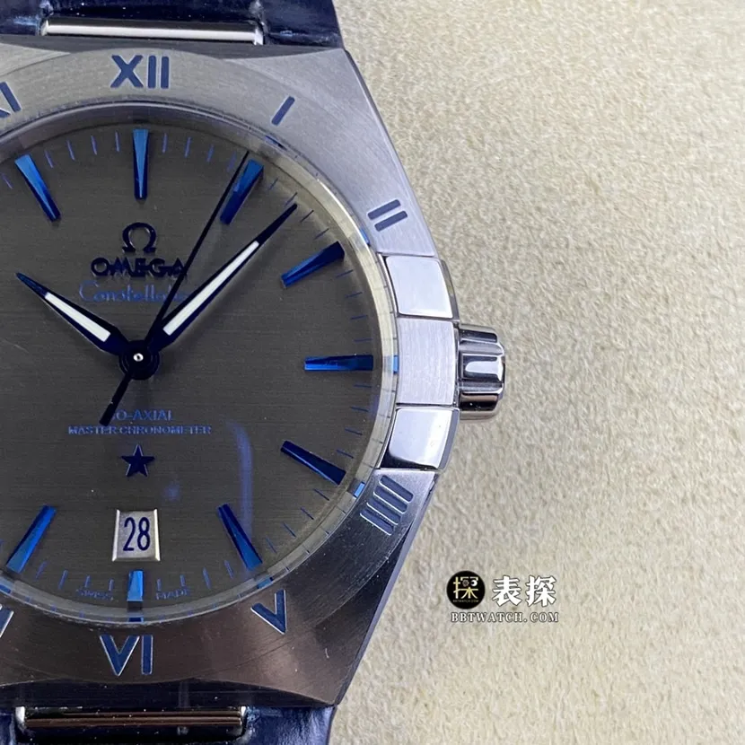 OR factory Omega Constellation watch men's ruthenium gray plate leather strap model pictures and prices side live photo