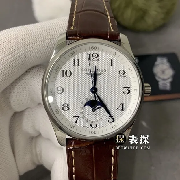 GS factory Longines watchmaking traditional top-tier 1:1super watch men's silver wheat plate moon phaseleather strap model pictures and prices side live photo