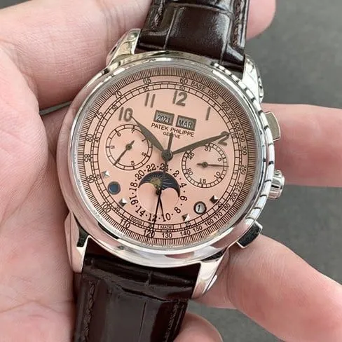 top-tier watch Patek Philippe men's pink plate brown belt super complex function series leather strap watch movement picture