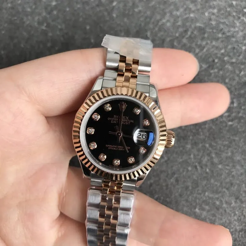 collectible Rolex Datejust watch for women, 28mm, mechanical, tiger tooth bezel, rose gold, black dial, front view