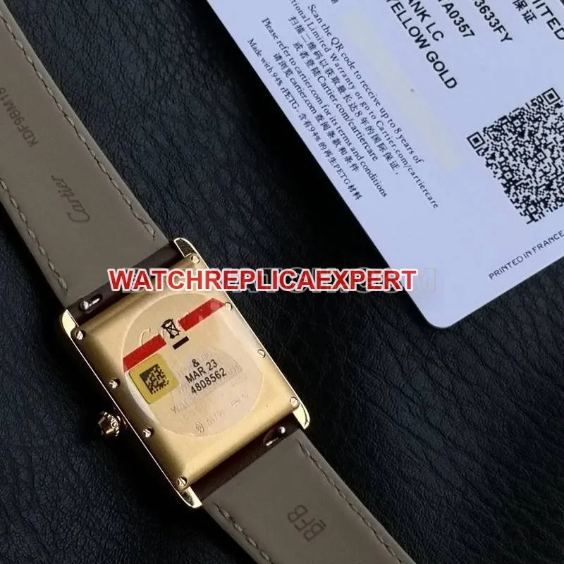 Cartier1:1replica watch F1 factory tank white dialyellow gold case 2899MCmovementleather strap model front live photo