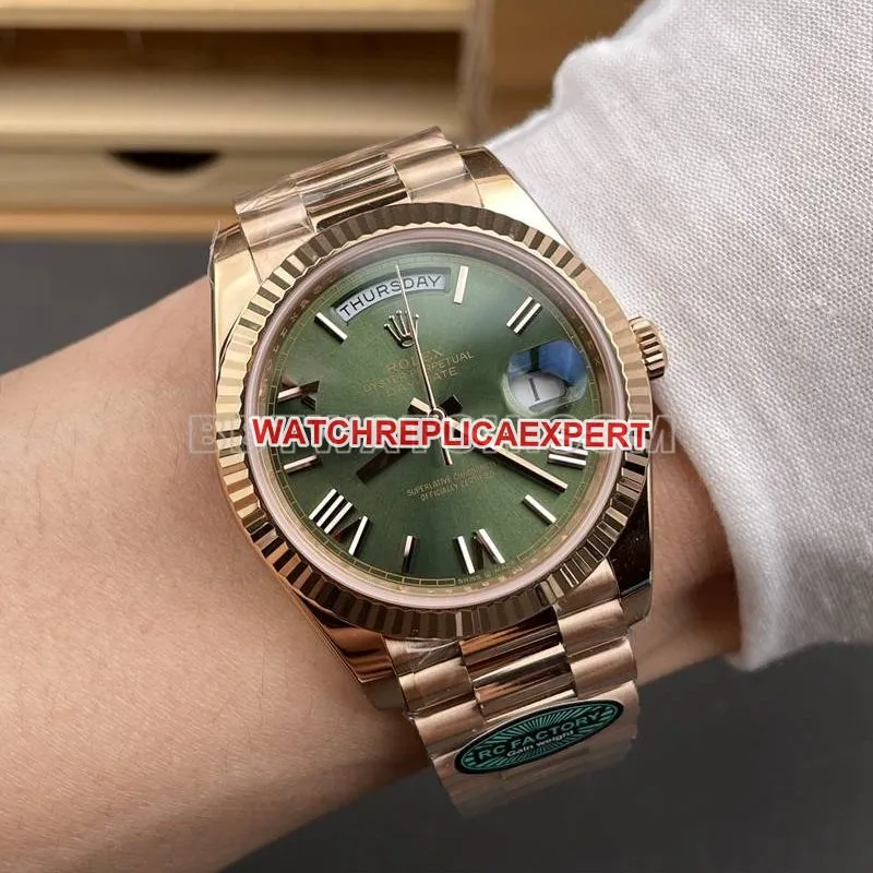 Rolex collectible watch RC factory Day-Date40mmgreen dial3255rose goldsteel bracelet front live photo