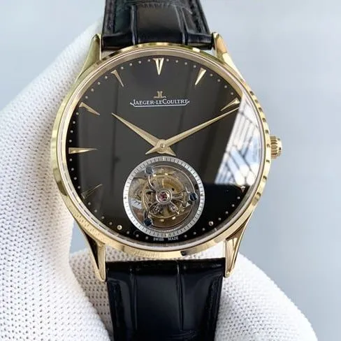 top-tier watch Jaeger-LeCoultre master series tourbillon men's black dial black belt fully automatic movementleather strap watch front view