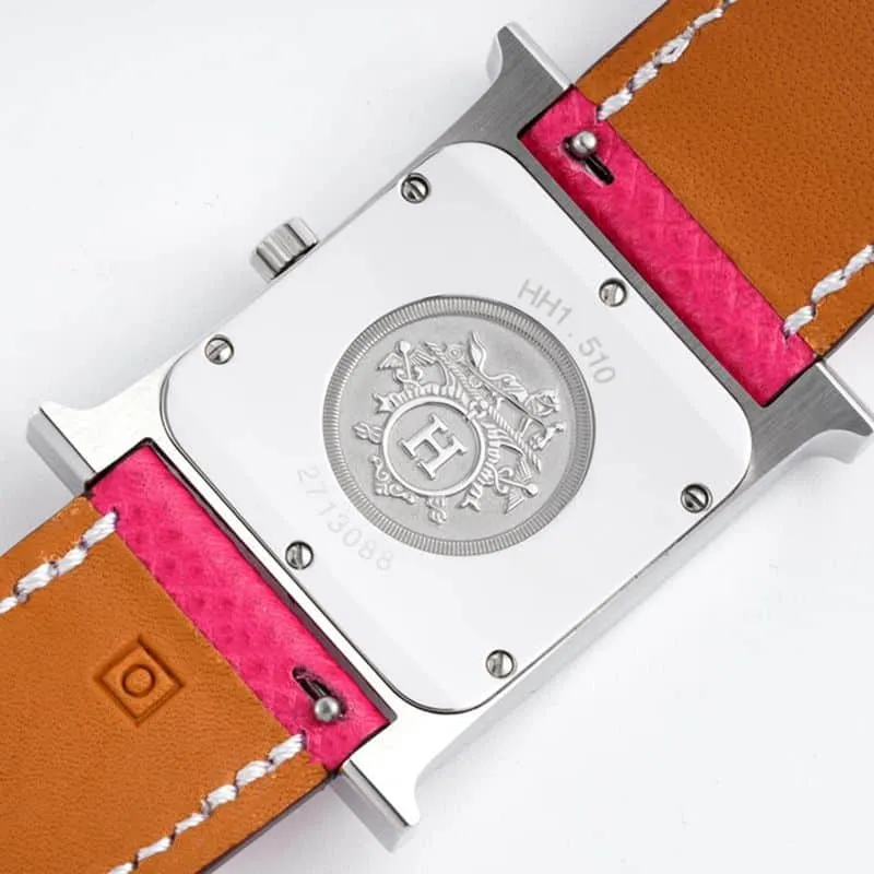 top-tiersuper cloneHermès ladies' watchHeureH series quartz square fashion watch pink braceletwhite dial front view
