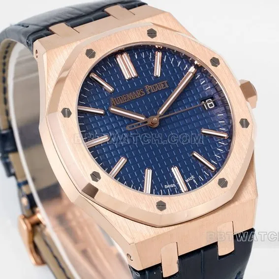 APS factory Audemars PiguetRoyal Oaktop-tier 1:1high-quality replicablue dialrose goldleather strap model 15510OR.OO.D315CR.02front live photo