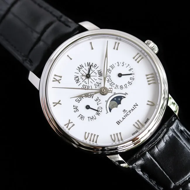 top-tier watch Blancpain men's white dial black belt classic series 6656 automatic movement watch detail shots