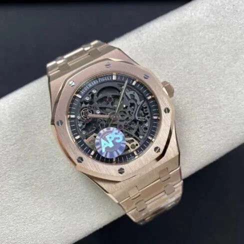 top-tier replicaAudemars Piguet Skeleton Royal Oak Offshore 15407ST.OO.1220ST.01rose goldblack dial men's mechanical watch front view