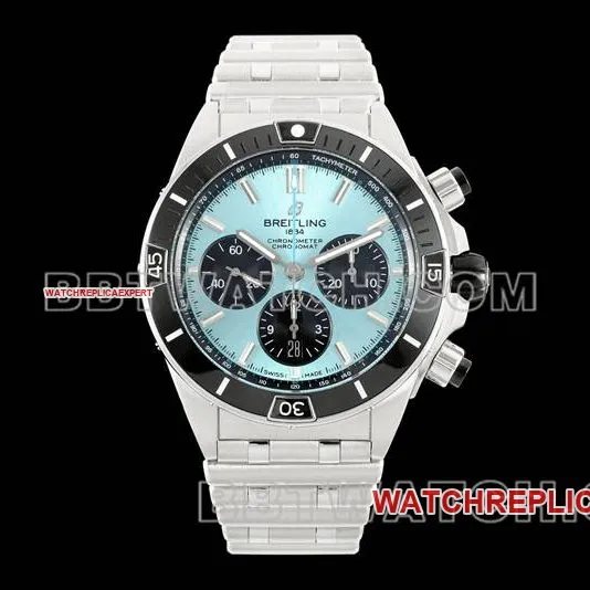 Breitling watch TF factory mechanical chronograph light blue dial 44mm steel bracelet caseback live photo
