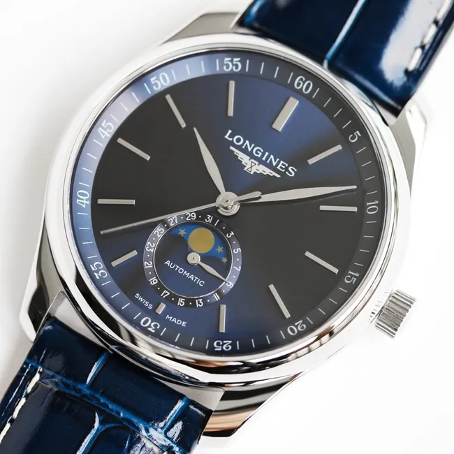 GF Factorytop-tier watch Longines men's blue dial blue belt master series leather strap watch detail shots