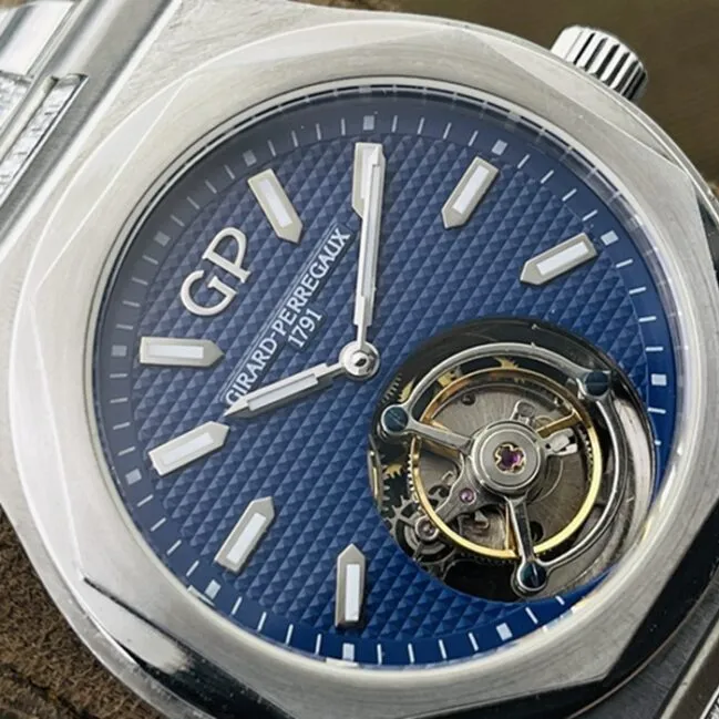 Top-tier watch Girard-Perregaux men's blue dialsteel bracelet Laurel series genuine tourbillon mechanical watch clasp picture