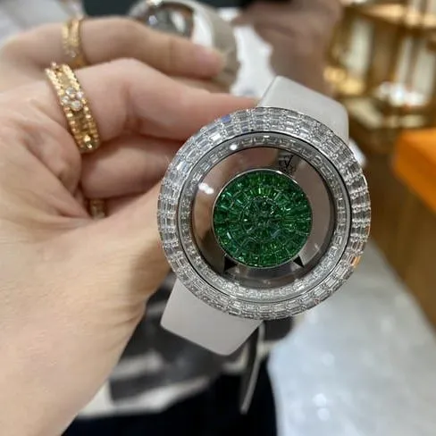 top-tier Jack Bao watch green dial white leather strap ladies quartz front view