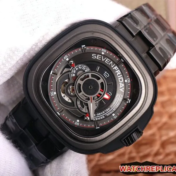 Seven day display five watch all black super cool hollow SEVENFRIDAY/automatic movement fashion men's watch Swiss steel bracelet large dial front view
