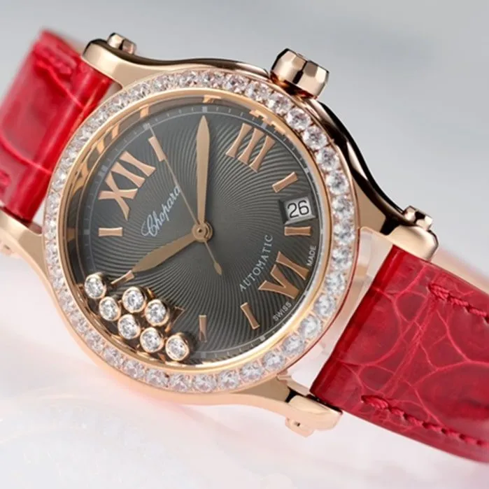 top-tier watch Chopard women's black dial red band happy diamond HAPPY DIAMONDS series mechanical watch side view