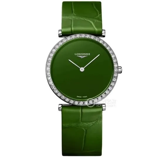 Longines elegant 1:1super clonegreen dialdiamond bezelleather strap model L4.523.0.60.2front live photo