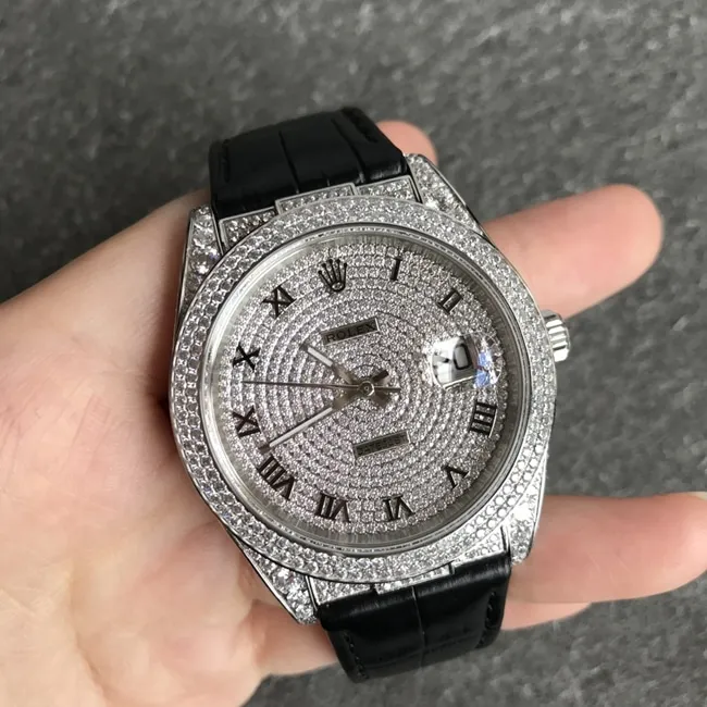 top-tier watch Rolex men's gray plate black belt log series baby's breath automatic movement crocodile leather strap watch side view