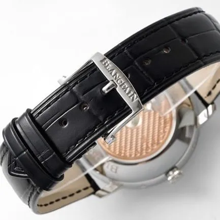 top-tier watch Blancpain manual winding mechanical men's white dial black belt classic series leather strap watch side view
