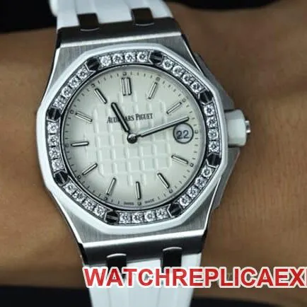 top-tier watch Audemars PiguetRoyal Oak diamond ladies white dial watch white rubber strapquartz movement watch front view