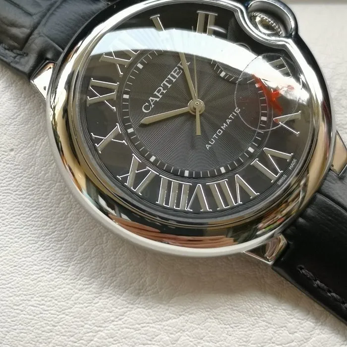 top-tier watch Cartier men's black dial blue balloon series mechanical leather strap watch back cover picture