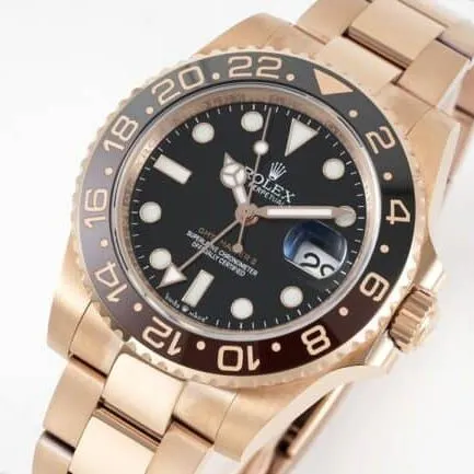 GS factory top-tier watch Rolexrose gold black bottom men's mechanical watch GMT-Master Sarsaparilla ring front view