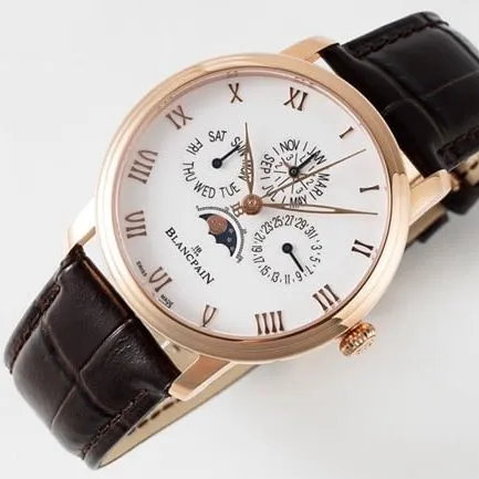 Blancpaintop-tier watch classic series manual winding mechanical men's white dial brown belt watch clasp picture
